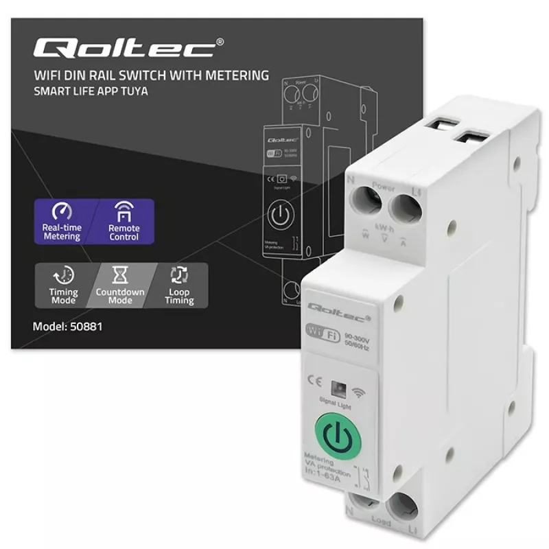 DIN-rail WiFi relay QOLTEC 50881 — mains switching relay 63A for electrical installations