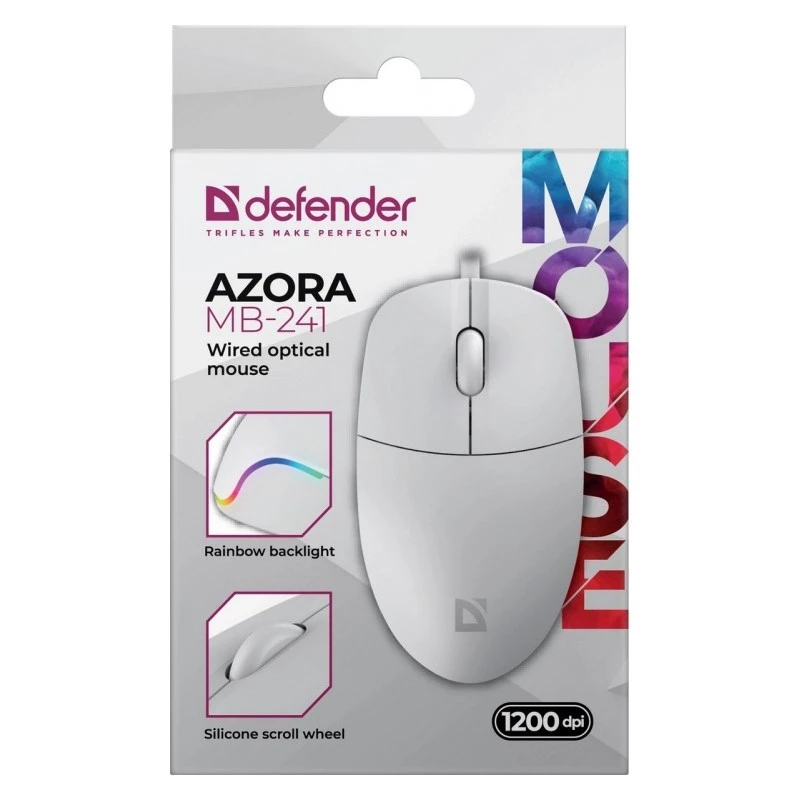 Wired mouse DEFENDER AZORA MB-24 — ambidextrous USB optical, 1200 DPI, 3 resolution modes, white, 109×86×34 mm