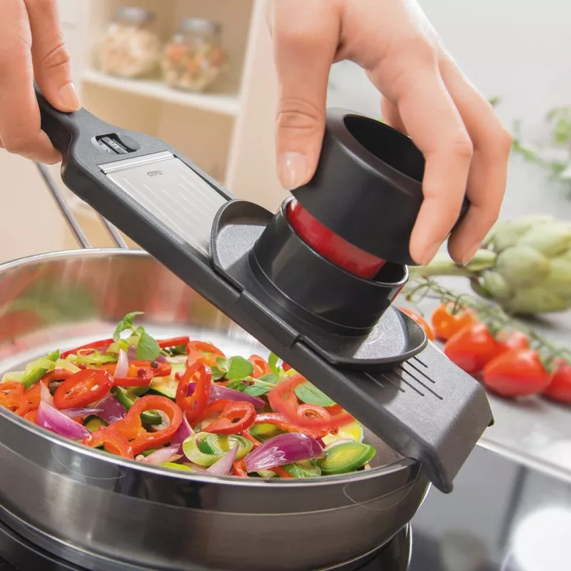Manual slicer GEFU VIOLI 50440 — manual food slicer, stainless steel blades, 5 cutting positions, ABS housing, dishwasher-safe