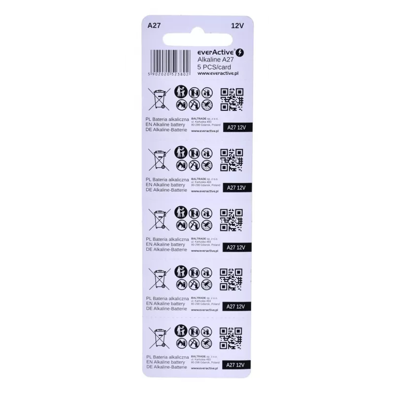 Rechargeable battery pack everActive 27A5BL, alkaline 12 V, cylindrical, 5 pcs, 27.3 × 7.62 mm