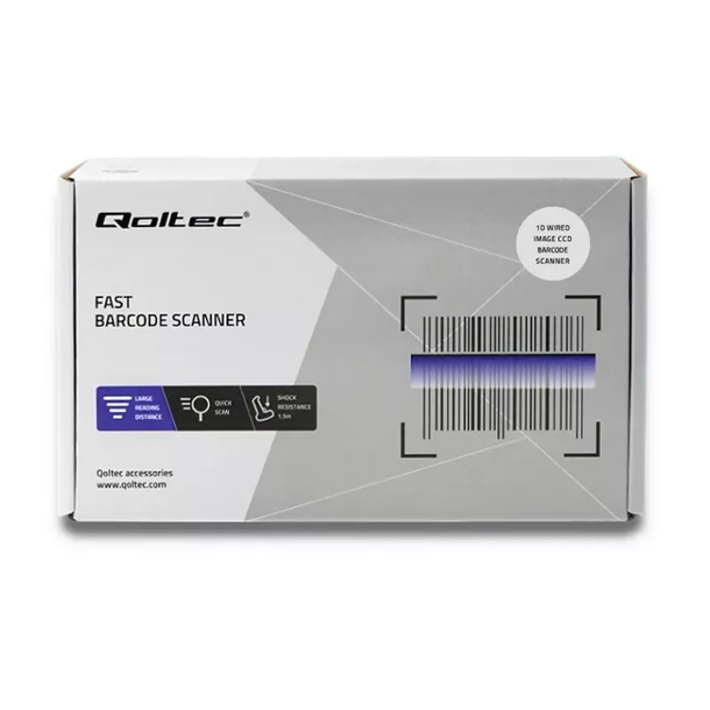 Handheld barcode reader QOLTEC 50866 — 1D laser scanner, USB wired, 600 mm range, black, 161.5×88×77 mm