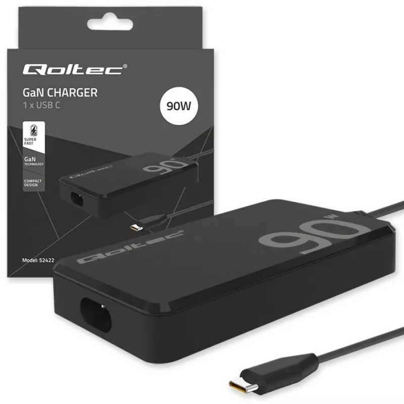 Qoltec 90W GaN Super Fast SLIM Wall Charger | XP | 5-20V | 4.5A | USB-C 3.1 | Laptop | MacBook | Smartphone | + cable