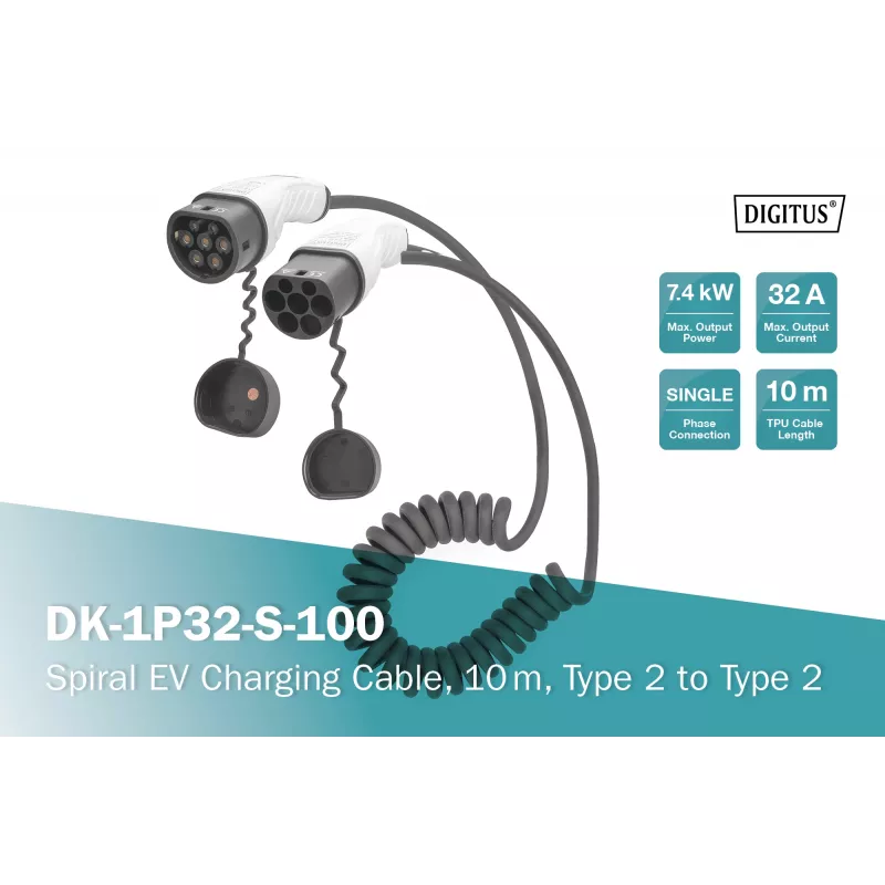 Digitus Spiral EV charging cable 10 m type 2 to type 2 32 A 240 V