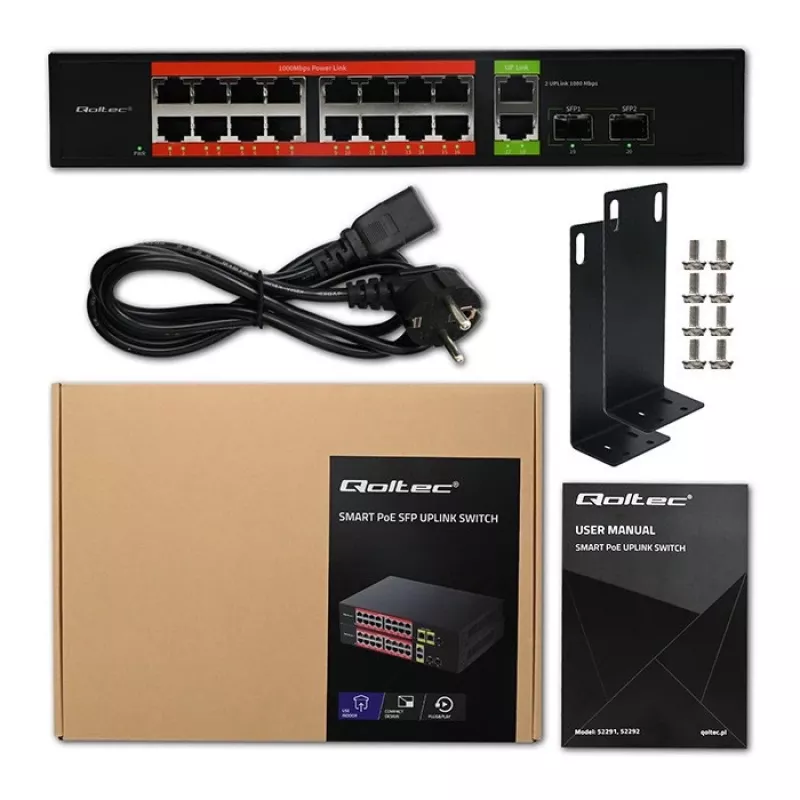 Network Switch QOLTEC 52292 — Gigabit Ethernet PoE, 16x RJ45, 2x RJ45 uplink, 2x SFP