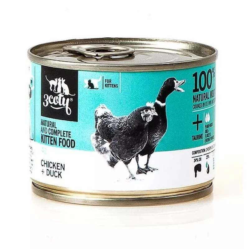 Wet cat food 3coty Chicken & Duck for kittens 180 g — complete wet food, protein 20%, fat 9%, moisture 69.2%