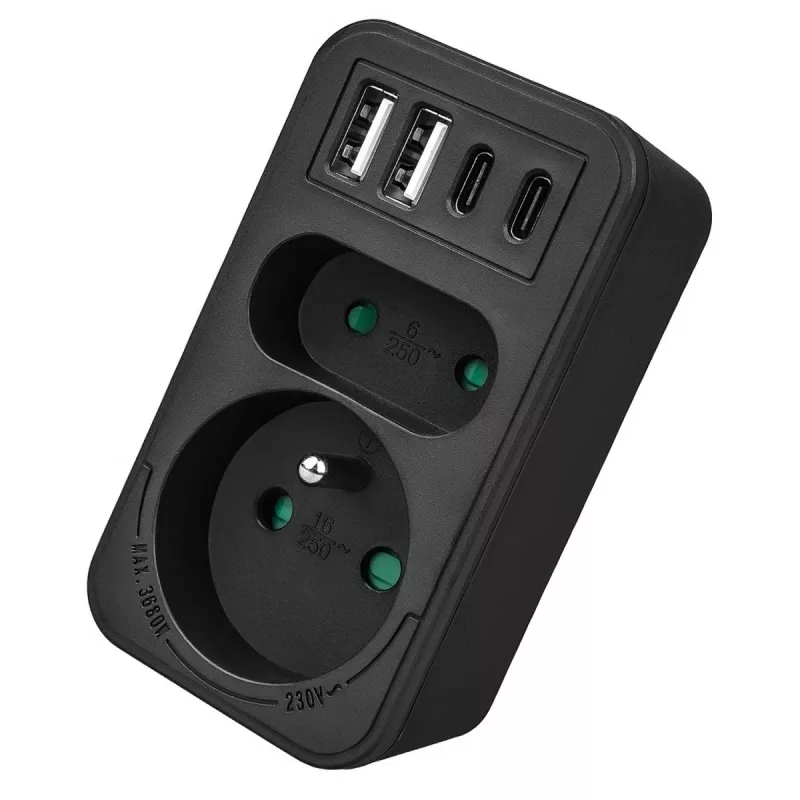 Power splitter MACLEAN MCE249 F/B — 2 AC sockets (16A + 6A) with 2×USB-A and 2×USB-C PD 20W, EU plug, black