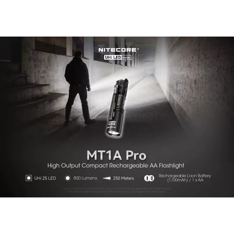 Hand flashlight Nitecore MT1A Pro — LED 50 lm, USB rechargeable, 1100 mAh, aluminum, waterproof, shockproof, black