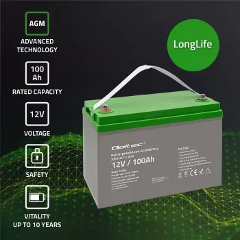 Qoltec 53038 AGM battery | 12V | 100Ah | max 1200A