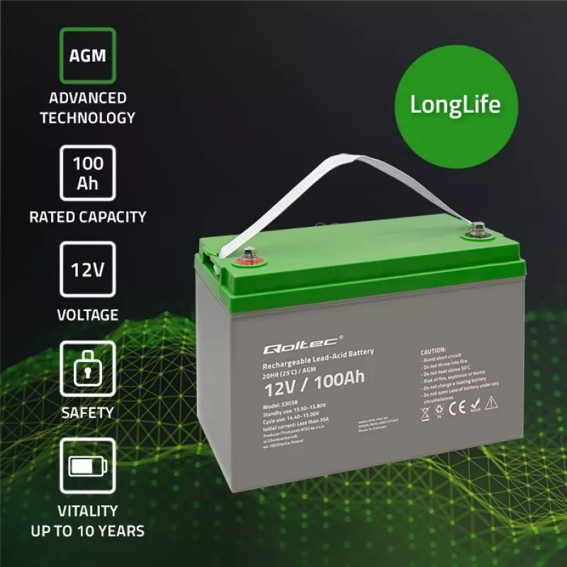 Qoltec 53038 AGM battery | 12V | 100Ah | max 1200A