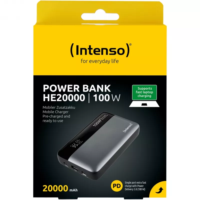 Power bank INTENSO 7350050 — 20000 mAh, 1× USB-A + 2× USB-C, 100 W total output, black/grey