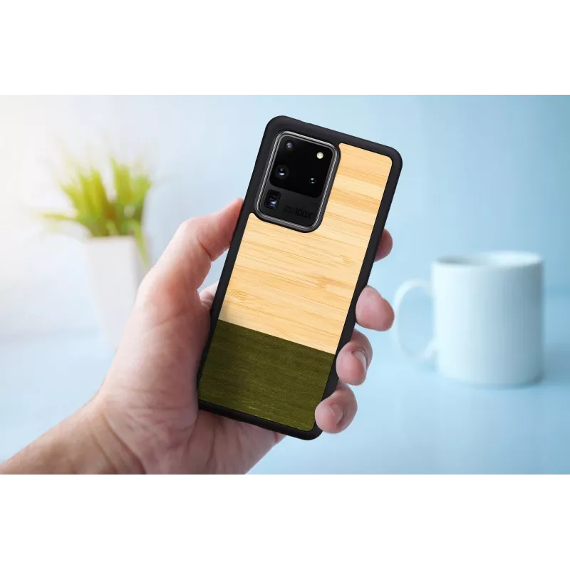 Phone case man and wood Galaxy S20 Ultra bamboo black — protective back cover, natural bamboo inlay