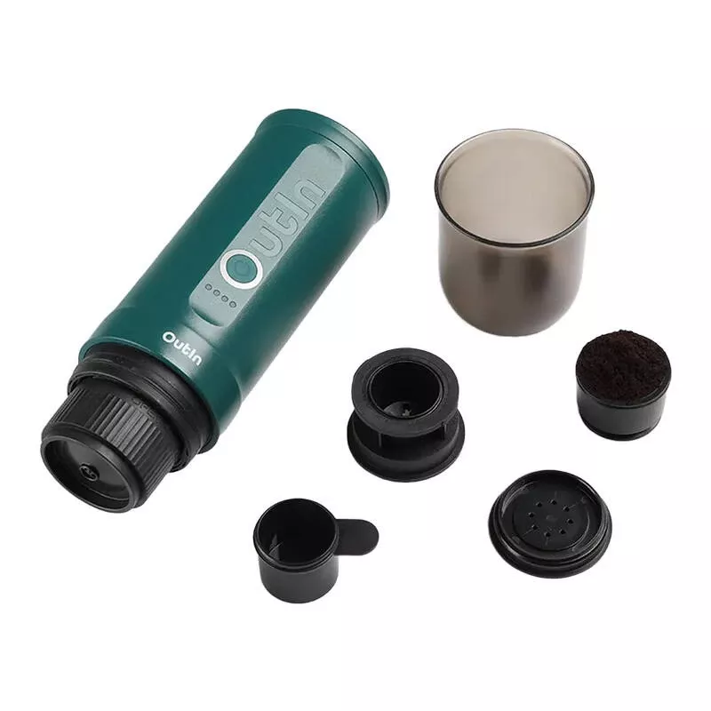 Portable espresso maker OUTIN Outin Nano Black Teal — 20 bar, ground coffee, 7500 mAh battery, 0.67 kg