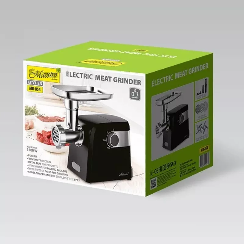 Electric meat grinder Maestro MR-854, 1500 W, 2 speeds, 3 strainers, sausage nozzle, black