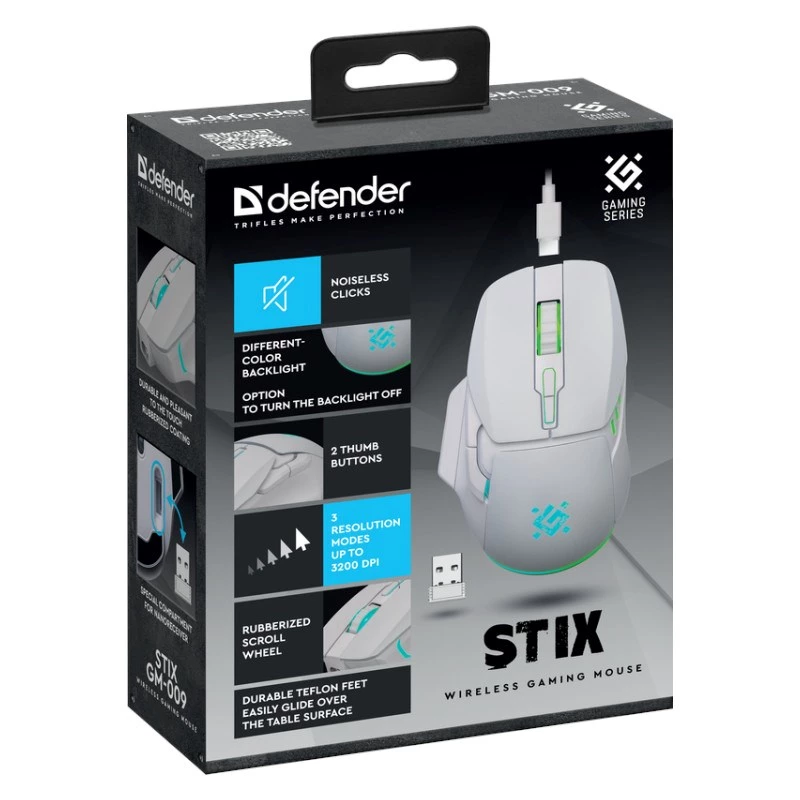 Wireless mouse DEFENDER Stix GM-009 RF — optical 3200 DPI, 6 buttons, ambidextrous, USB RF, battery-powered, white