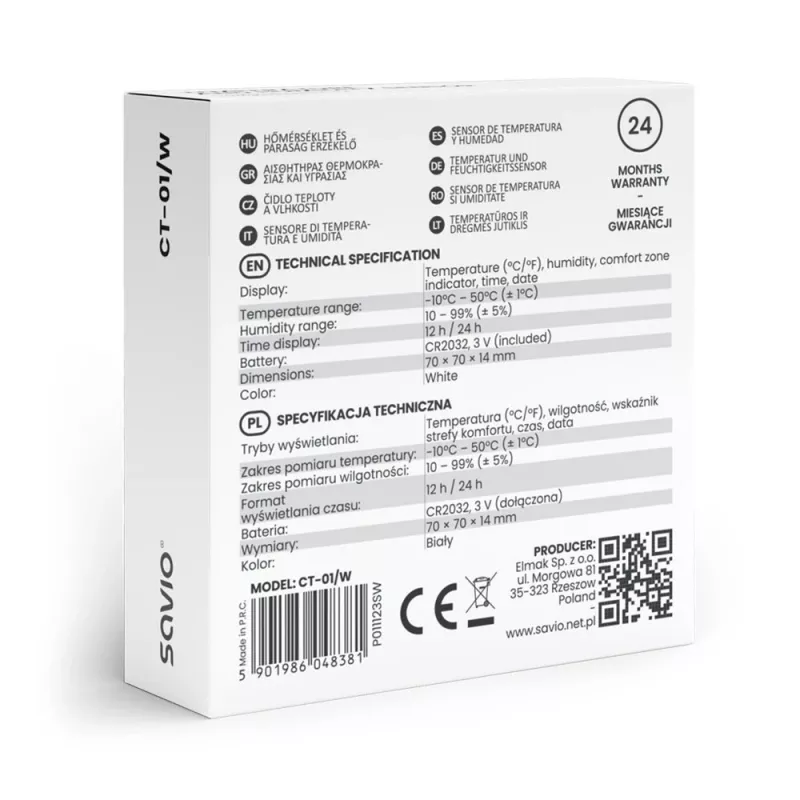 Indoor temperature and humidity sensor SAVIO CT-01/W, LCD display, -10–55°C, 10–99%RH, battery CR2032