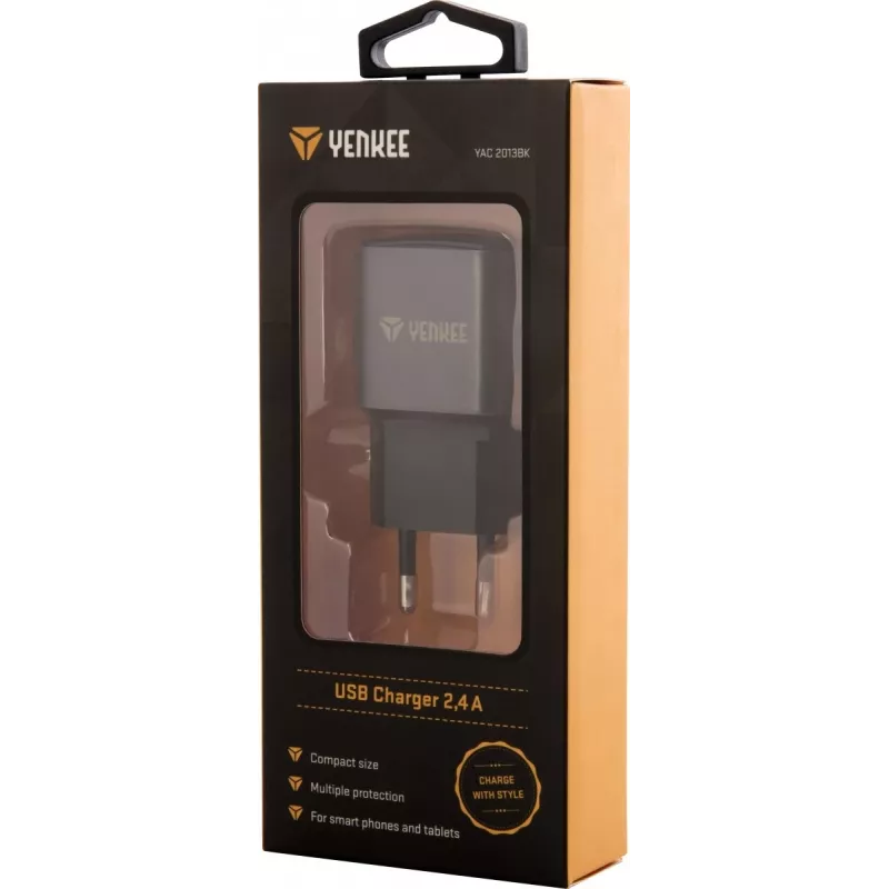 Mains USB-A Charger YENKEE YAC 2013BK — 12W, 2.4A output