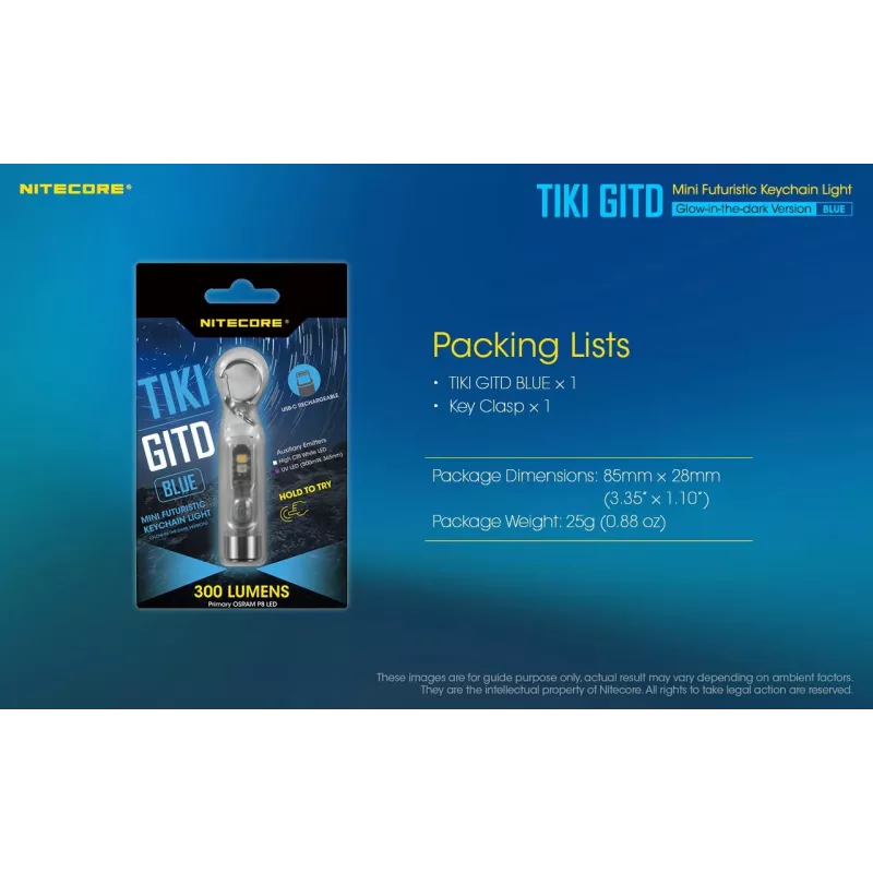 Keychain flashlight Nitecore TIKI GITD BLUE — grey, USB rechargeable, 1 lm, 55 mm, 12 g, IP66, shockproof