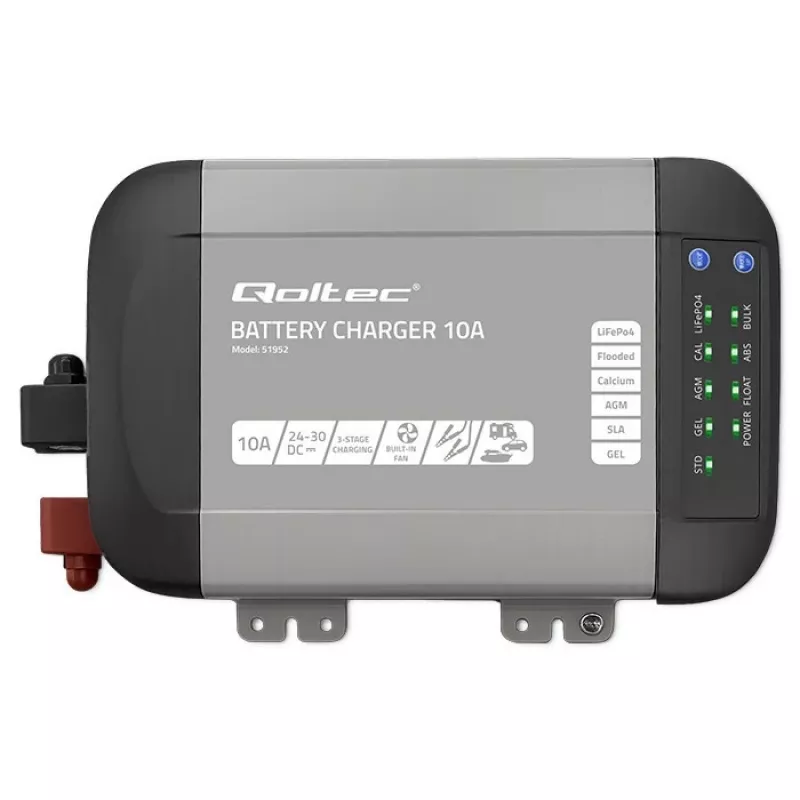 Qoltec 51952 Smart Monolith Battery Charger for LiFePO4/AGM/GEL/SLA, 10A, 24V