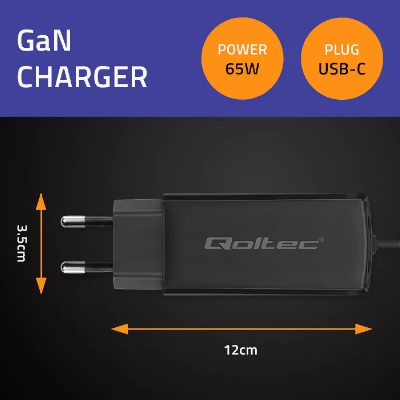 GaN Laptop Charger QOLTEC 52419 65W USB-C PD 5V/20V 3A/3.25A, 220–240V, 1.8m cable, black