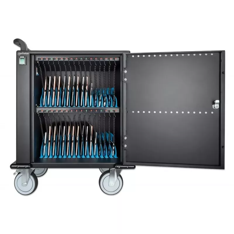 Manhattan iPad to 13 inch, MacBook Air to 13 inch & Chromebook to 14 inch 32-bay Charging Trolley/Cart via USB-C, Also other tablets/smartphones (with device to USB-C cable), Bays 330x22x235mm, Device charging cables not included (suggest USB-C cable 354868),Cabinet