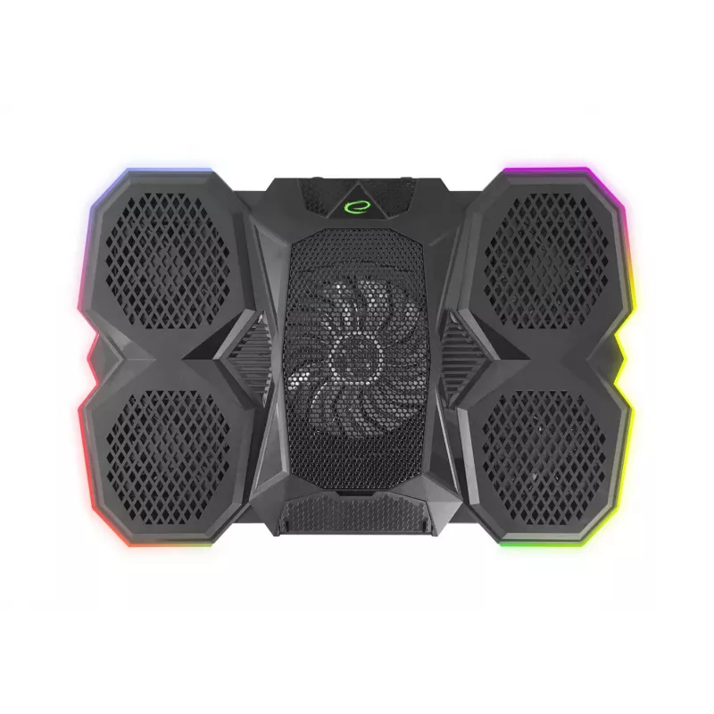 Laptop cooling pad ESPERANZA EGC107 — 3 fans 1200–2600 RPM, 390×255×38 mm, USB PD, RGB, 5 height positions, black