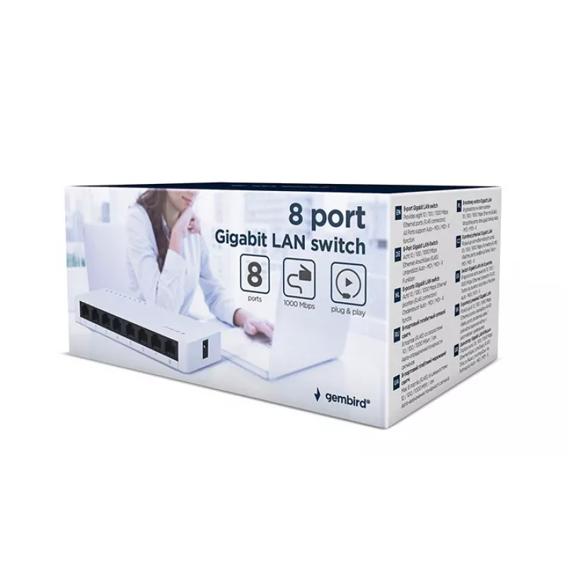 Unmanaged Switch GEMBIRD NSW-G8-01 — 8× Gigabit Ethernet (10/100/1000), White, DC 5V