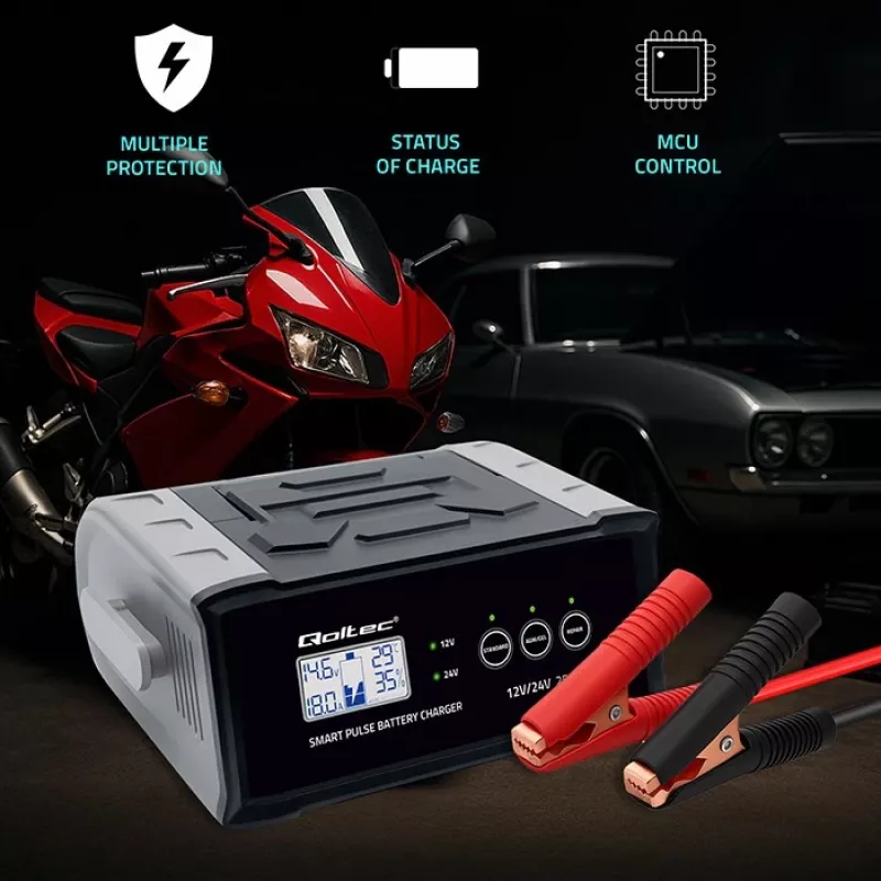 Battery charger QOLTEC 52514 — 12V/24V, 25A, for AGM/GEL/SLA batteries with LCD display