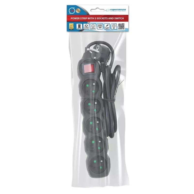 Power Extension Esperanza ELK214K 1.5 m cable 5 Type E outlets Indoor Black