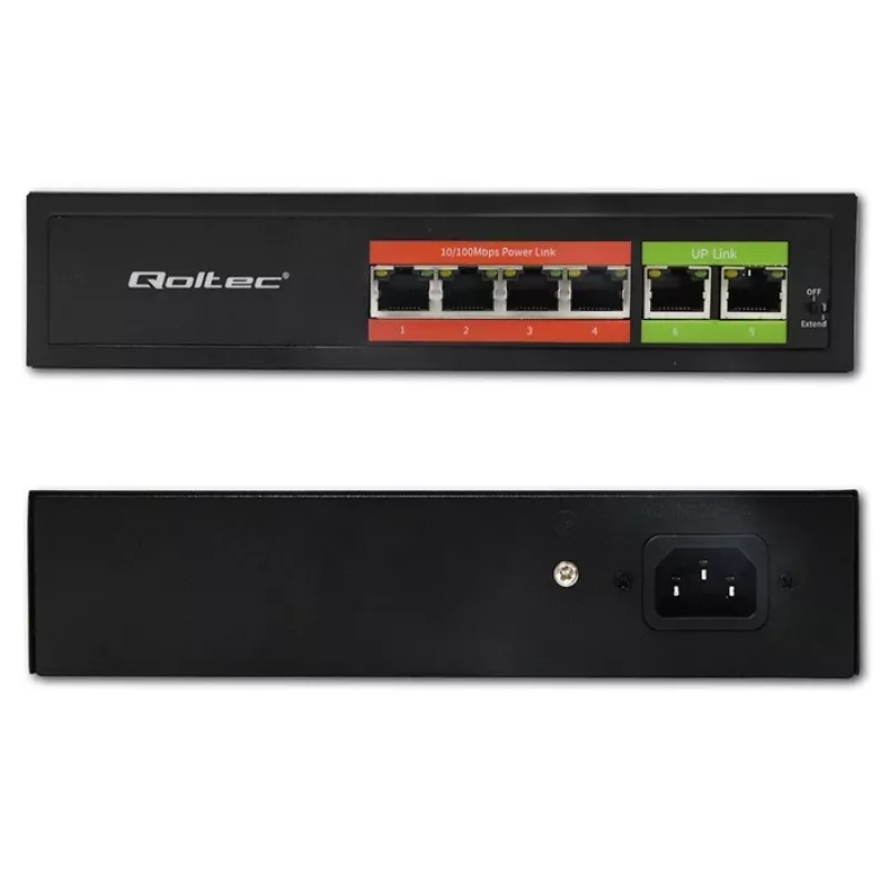 Ethernet PoE Switch QOLTEC 52289 — 4x RJ45 PoE ports, 2x RJ45 uplink, 65W power budget