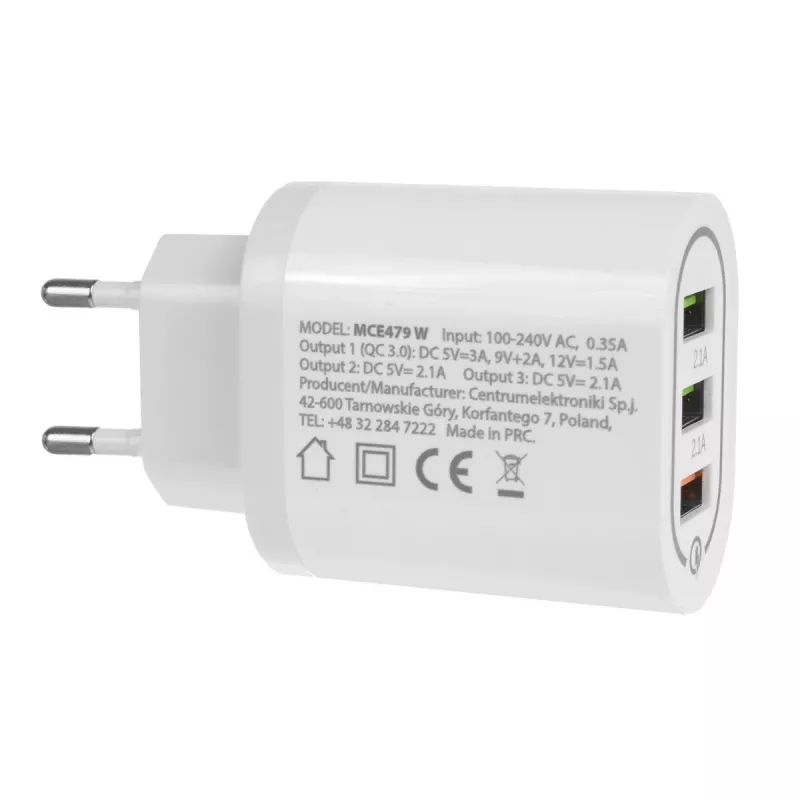 Wall charger MACLEAN MCE479W — 3‑port USB quick charger, 18W total output