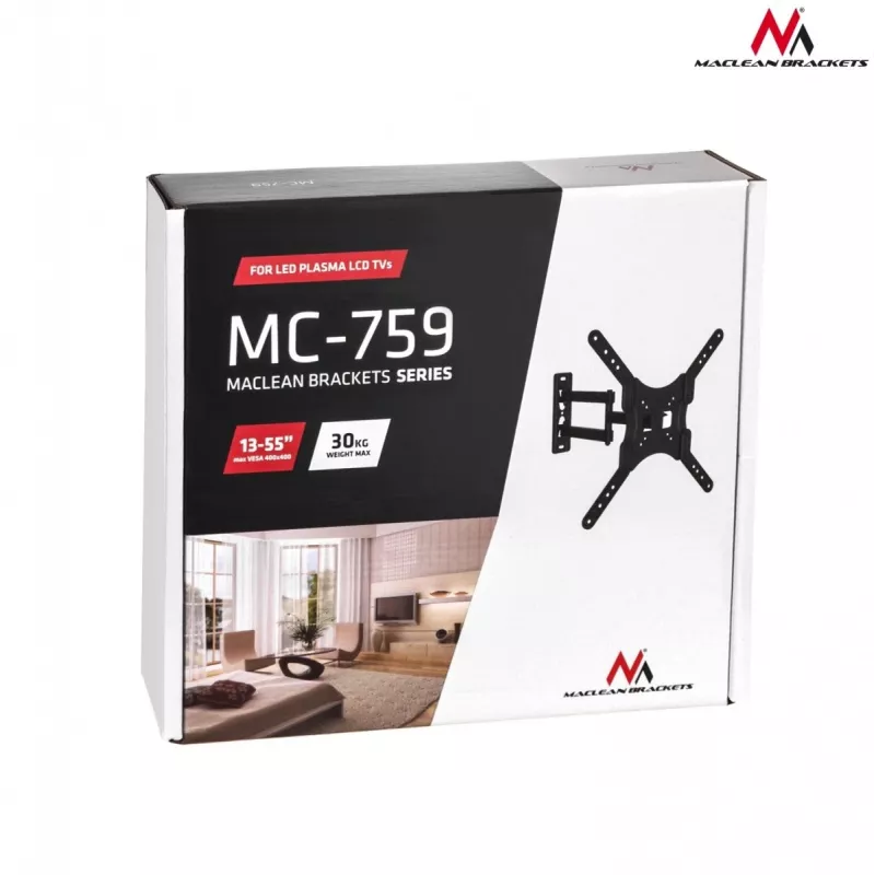 Wall TV mount Maclean MC-759 for 13–55 inch screens, 30 kg capacity, VESA 75x75–400x400, tilt and adjustable depth