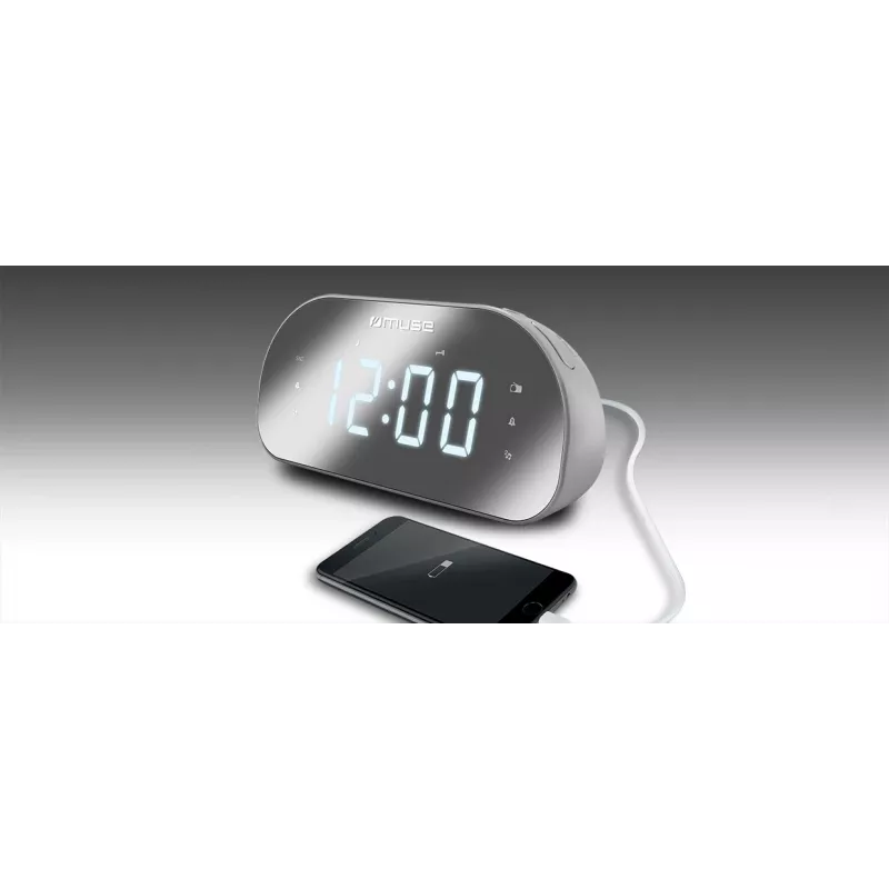 Clock radio Muse M-170CMR — digital clock radio, 1.2 inch LED display, FM, AC 230V, AAA backup, mirror/white