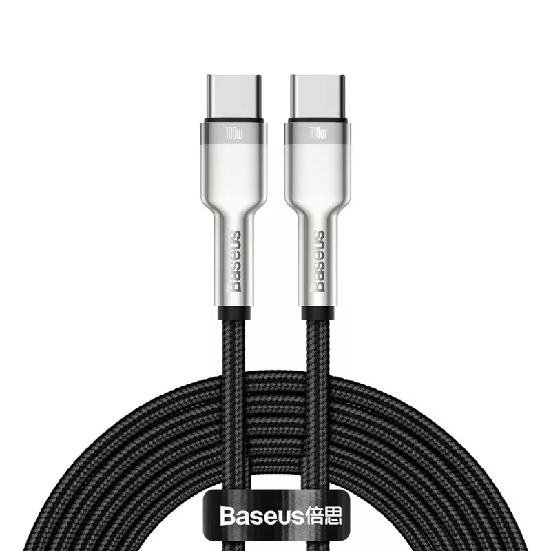 USB‑C to USB‑C cable Baseus Cafule Metal — 2 m, 100W charging, USB 2.0 (480 Mbps), zinc‑plated contacts, black