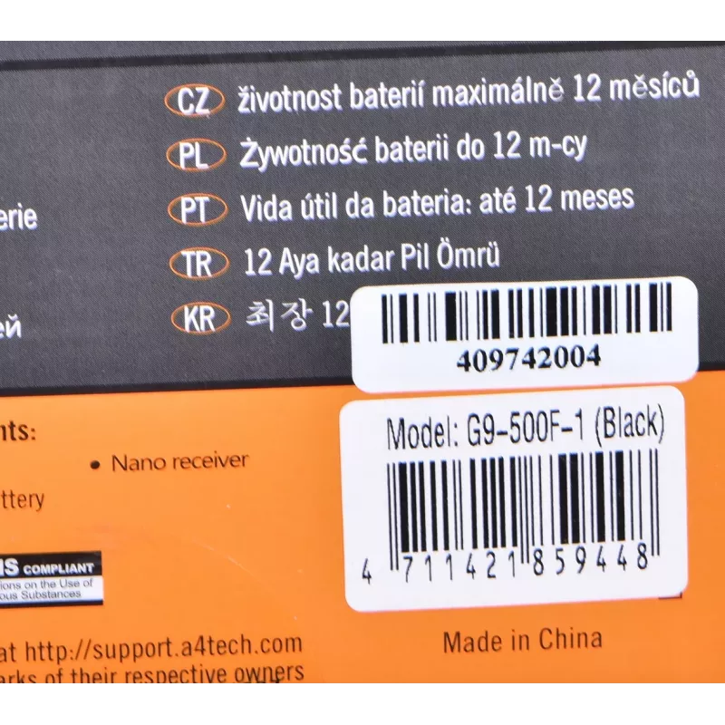Wireless RF mouse A4Tech G9-500F, right-hand, 1000 DPI, 2.4 GHz nano receiver, 15 m range, AA battery