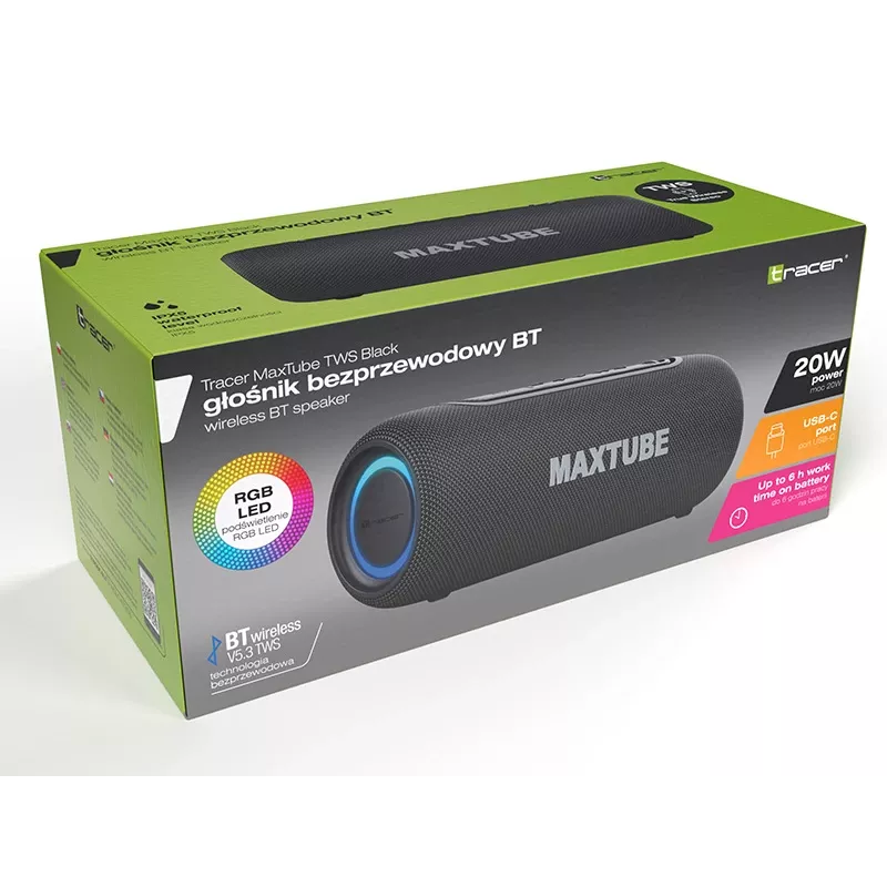 Speakers TRACER MaxTube 20W TWS Bluetooth, black — portable wireless audio, stereo sound