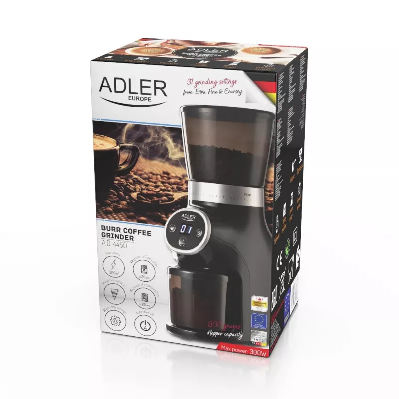 professional coffee grinder, steel burrs, 31 grind settings, Café 90g/m, Adler, AD4450, 300, Black