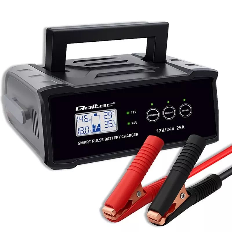 Battery charger QOLTEC 52514 — 12V/24V, 25A, for AGM/GEL/SLA batteries with LCD display