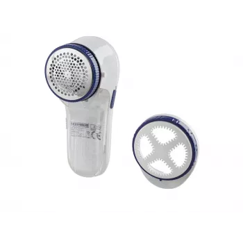Fabric shaver Leifheit 80029 — battery-powered lint remover, 3 V, uses 2 batteries, blue/white