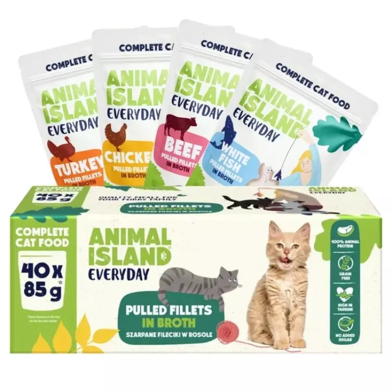 Wet cat food animal island Everyday — Beef, Chicken, Turkey & White Fish fillets in broth, 40 x 85 g sachets