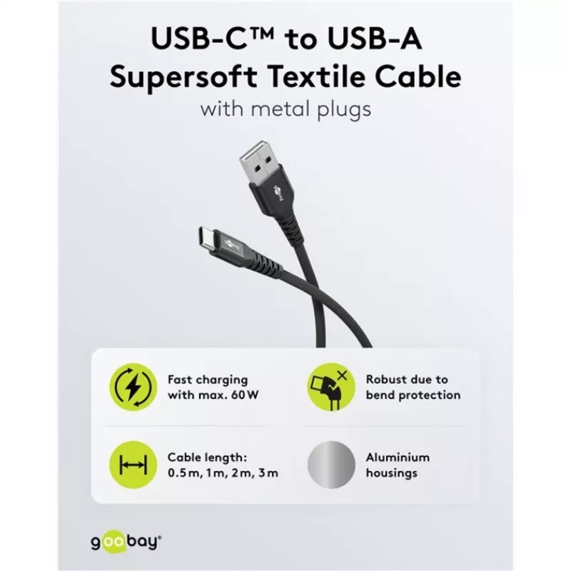 Goobay USB Cable-C Fabric Supersoft with Metal Connectors, 2 M, Black (2m, USB 2.0, 60W), USB Cable