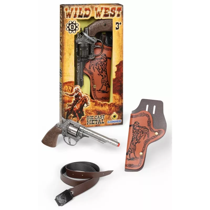 Toy metal cowboy revolver Pulio 155201/0 with holster — single-shot replica, metal construction