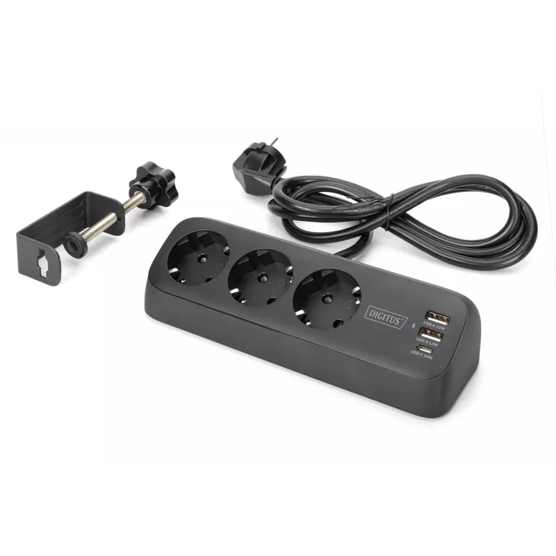 Power strip DIGITUS 3-way with 2×USB-A & 1×USB-C, 3 AC outlets Type E/F, 1.5 m cable, black