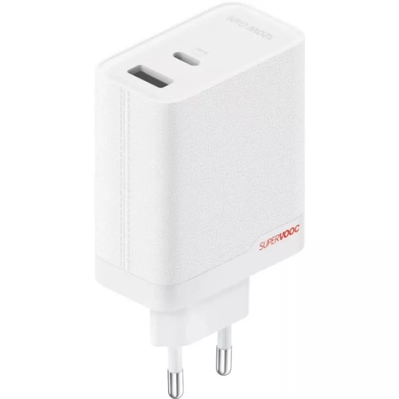Power adapter ONEPLUS SUPERVOOC 120W dual-port wired charger, 120W total output, 1x USB-C + 1x USB-A, 100–240V, 145 g, white