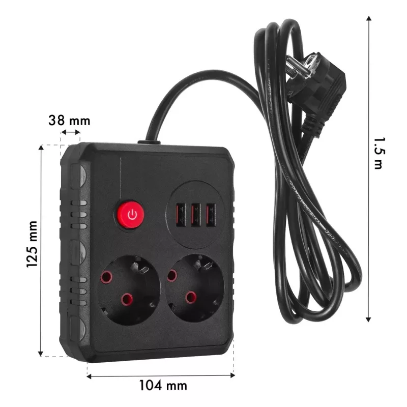 Power strip MACLEAN MCE387 B — 2 sockets, 3×USB A, 110–240V, 1.5 m cable, max 2500W