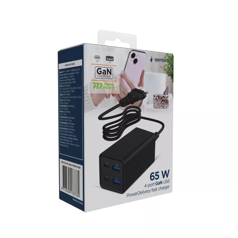 Gembird TA-UC-2A2C-PD65-01-BK mobile device charger Laptop, Smartphone Black AC Fast charging Indoor