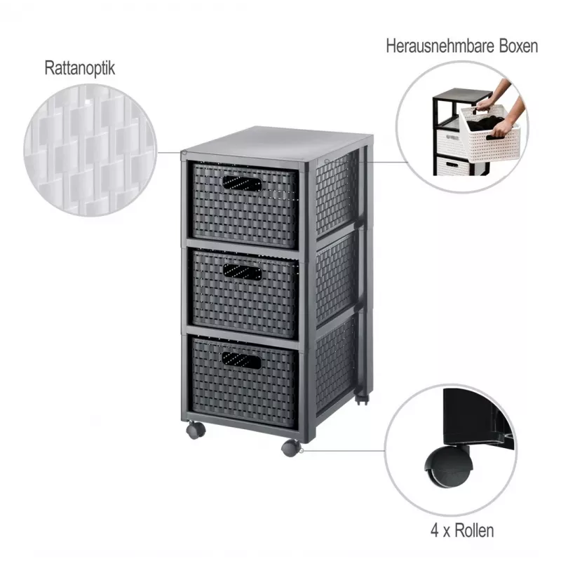 Drawer storage unit Rotho Country Black 3-drawer anthracite polypropylene 325×375×712 mm with wheels