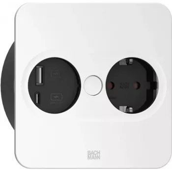 Bachmann TWIST 2 Metallic cover panel, square, silver matt lacquered, 1xUTE France socket black with increased contact protection 1xUSB A/C 22W Charger, supply cable 0.2m H05VV-F3G