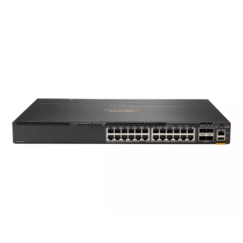 HPE Aruba 6300M - Switch - L3 - managed - 24 x 10/100/1000 + 4 x 1 Gigabit / 10 Gigabit / 25 Gigabit / 50 Gigabit SFP56 (Uplink / Stacking) - Front and Seite to Hinterseite - an Ra