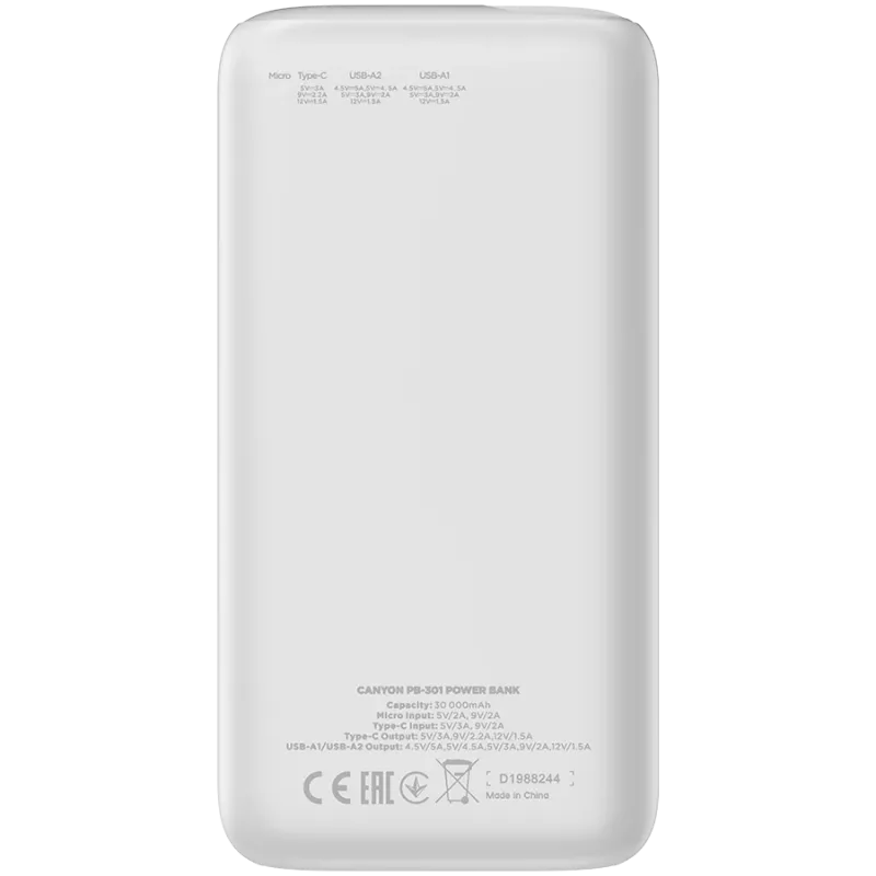 CANYON power bank PB-301 LED 30000 mAh PD 20W QC 3.0 White