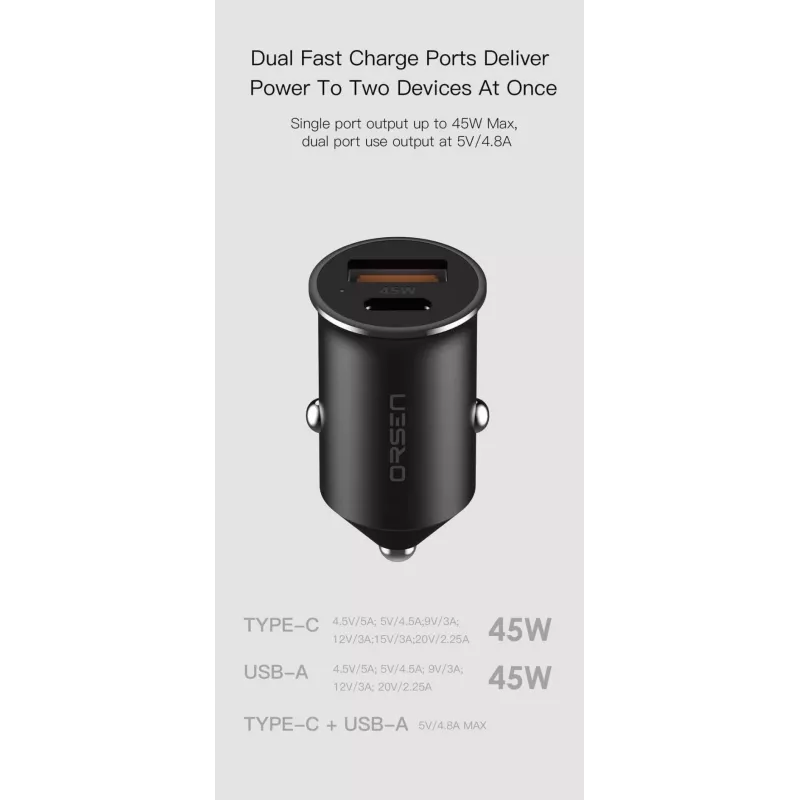 Car Charger Orsen C8 45W — 45W USB-C PD Fast Charging, Black